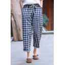 Classic Womens Pants Checkered Print Drawstring Waist Ankle Length Relaxed Pants