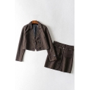 Formal Womens Set Stripe Printed Long Sleeve Notched Collar Button Up Regular Crop Blazer & Mini A-line Skirt Set