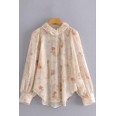 Pretty Womens Shirt Apricot Allover Floral Print Long Sleeve Button Up Curved Hem Relaxed Fit Shirt Top
