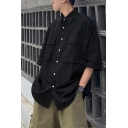 Cool Mens Shirt Solid Color Half Sleeve Point Collar Button Up Loose Fit Shirt Top
