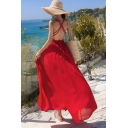 Fashionable Womens Red Dress Plain Color Chiffon Double Slit Front Cross Backless Deep V Neck A-Line Sleeveless Maxi Beach Dress