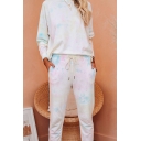 Womens Casual Set Tie Dye Print Long Sleeve Crew Neck Relaxed Pullover Sweater & Sweatpants Co-ords