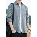 Fancy Men's Shirt Plain Chest Pocket Button Fly Turn-down Collar Long Sleeve Regular Fitted Shirt