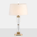 Fabric Tapered Drum Nightstand Lamp Minimalist 2-Bulb Bedside Pull-Chain Reading Light with Crystal Pole in White