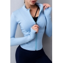 Fashionable Women's Tee Top Zip Fly Long Sleeve Finger Hole Slim Fitted Training T-Shirt