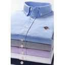 Mens Stylish Shirt Stripes Printed Horse Embroidery Oxford Single Breasted Button down Collar Fitted Long Sleeve Shirt