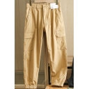 Leisure Mens Pants Elastic Waist Flap Pockets Ankle Length Carrot Fit Solid Cargo Pants