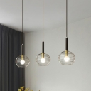Clear Ribbed Glass Globe Hanging Light Simplicity 1-Head Black Pendant Lighting Fixture