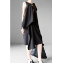 Designer Girls Dress Solid Color Round Neck Sleeveless Patchwork Asymmetric Hem Midi Relaxed Dress