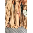 Gorgeous Womens Dress Plain Plunge Neck Open Back Slit Front Maxi Pleated Flowy Dress