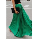 Unique Womens Skirt Solid Color High-Waisted Maxi Swing Pleated Skirt