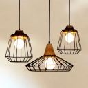 Black Wire Cage Hanging Lamp Industrial Metal 1 Bulb Restaurant Pendant Light with Wood Socket