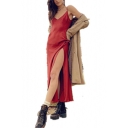 Womens Hot Fashion Sexy V-Neck Split Side Simple Plain Silk Satin Maxi Cami Slip Dress