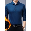 Basic Men's Polo Shirt Solid Color Turn-down Collar Button Front Long Sleeve Fleece Lined Fitted Polo Shirt