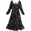 Popular Womens Dress Allover Floral Print Long Sleeve Square Neck Ruffled Short A-line Dress in Black