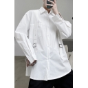 Basic Guys Shirt Solid Color Straps Long Sleeve Spread Collar Button Up Loose Shirt Top