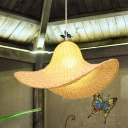 Modern Floppy Hat Shaped Pendant Bamboo 1-Light Restaurant Hanging Light Fixture in Wood