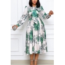 Stylish Ladies Dress Flower Allover Print Long Sleeve Bow Tied Neck Midi Pleated A-line Dress in White
