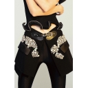 Cool Girls Skirt Leather Beading Decoration Belted Waist Patchwork Mini A-line Skirt in Black