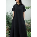 Womens Chinese Style Dress Linen Plain Short Sleeve Crew Neck Frog Button Long A-line Dress