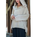 Retro Coat Linen Solid Color Long Sleeve Oblique Button Up Hooded Relaxed Fit Coat in Beige