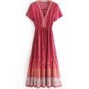 Girls Ethnic Dress Ditsy Flower Contrasted Short Sleeve V-neck Button Up Ruffled Hem Mid A-line Pleated Dress