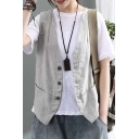 Womens Vest Stylish Solid Color Cotton Linen Button up V Neck Sleeveless Slim Fitted Vest