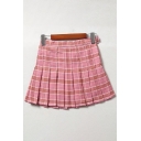 Sweet Girls High Waist Plaid Printed Pleated Mini A-Line Skirt in Pink