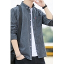 Fashionable Men's Shirt All over Stripe Print Chest Pocket Long Sleeve Regular Fitted Shirt