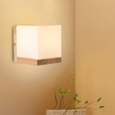 Cube Shaped Frosted White Glass Sconce Fixture Minimalism 1 Bulb Wood Wall Mounted Light