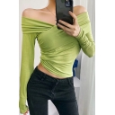 Feminine Women's Tee Top Solid Color off the Shoulder Criss Cross Long Sleeve Slim Fitted T-Shirt
