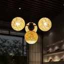 Flaxen Globe Chandelier Lighting Fixture Asia 4 Heads Rattan Pendant Lamp for Tea Room