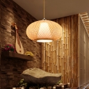 Nordic Style Curved Drum Ceiling Light Bamboo 1 Bulb Restaurant Hanging Lamp in Wood
