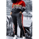 Stylish Women's Set Contrast Panel Leopard Print Long Sleeve Hooded Sweatshirt with Banded Cuffs Jogger Pants Co-ords