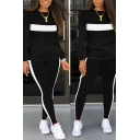 Trendy Womens Co-ords Contrasted Long Sleeve Crew Neck Slim Fit Waffle Tee Top & Pants Set