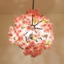 Loft Style Globe Chandelier Metallic Ceiling Pendant Light with Cherry Deco in Pink