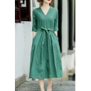 Simple Womens Dress Solid Color Half Sleeve Surplice Neck Bow-tied Waist Mid A-line Dress in Green