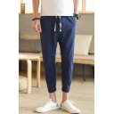 Casual Men's Pants Solid Color Drawstring Waist Rolled Hem Ankle Length Tapered Pants