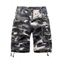 Unique Men's Shorts Camo Print Flap Pocket Zip Fly Drawstring Cuffs Mid Waist Knee Length Shorts