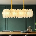Elongated Oval Feather-Glass Pendant Light Contemporary 12 Bulbs White Hanging Island Light