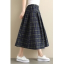 Girls Casual Elasticated-Waist Plaid Pattern Linen Loose Midi Skirt