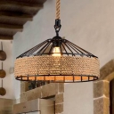 Iron Wire Barn Shaped Pendant Light Fixture Farmhouse 1 Head Restaurant Ceiling Lamp with Hemp Rope in Black