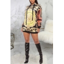 Womens Dress Stylish Floral Crown Pattern Drawstring Relaxed Fit Long Sleeve Mini Hooded Dress