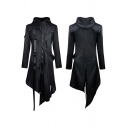 Goth Mens Coat Long Sleeve Hooded Zipper Straps Asymmetric Hem Longline Regular Fit Coat in Black