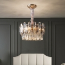 Minimalistic Chandelier Lamp Clear Drum Shaped Suspension Pendant Light with Crystal Shade