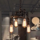 Metal Bronze Finish Pendant Chandelier 2-Tiered Pipe 4 Bulbs Steampunk Hanging Light