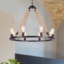 Wrought Iron Matte Black Chandelier Wheel Industrial Hanging Lamp with Rope Cord