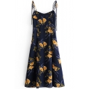 Stylish Womens Dress All Over Flower Print Bow-tied Shoulder Mini A-line Cami Dress in Black