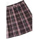 Fancy Women's Skirt Plaid Pattern Buckle Detailed High Wasist Mini Straight Skirt