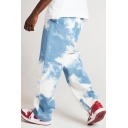 Fashion Mens Straight Jeans Light Washed Tie Dye Pockets Designed Zip Fly Full Length High-waisted Boxy Jeans